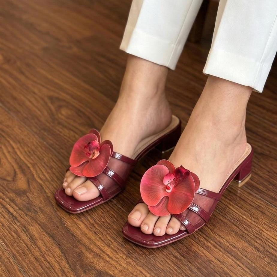Orchid Flower Patent Mesh Strap Block Heel Mules - Maroon SH Collection