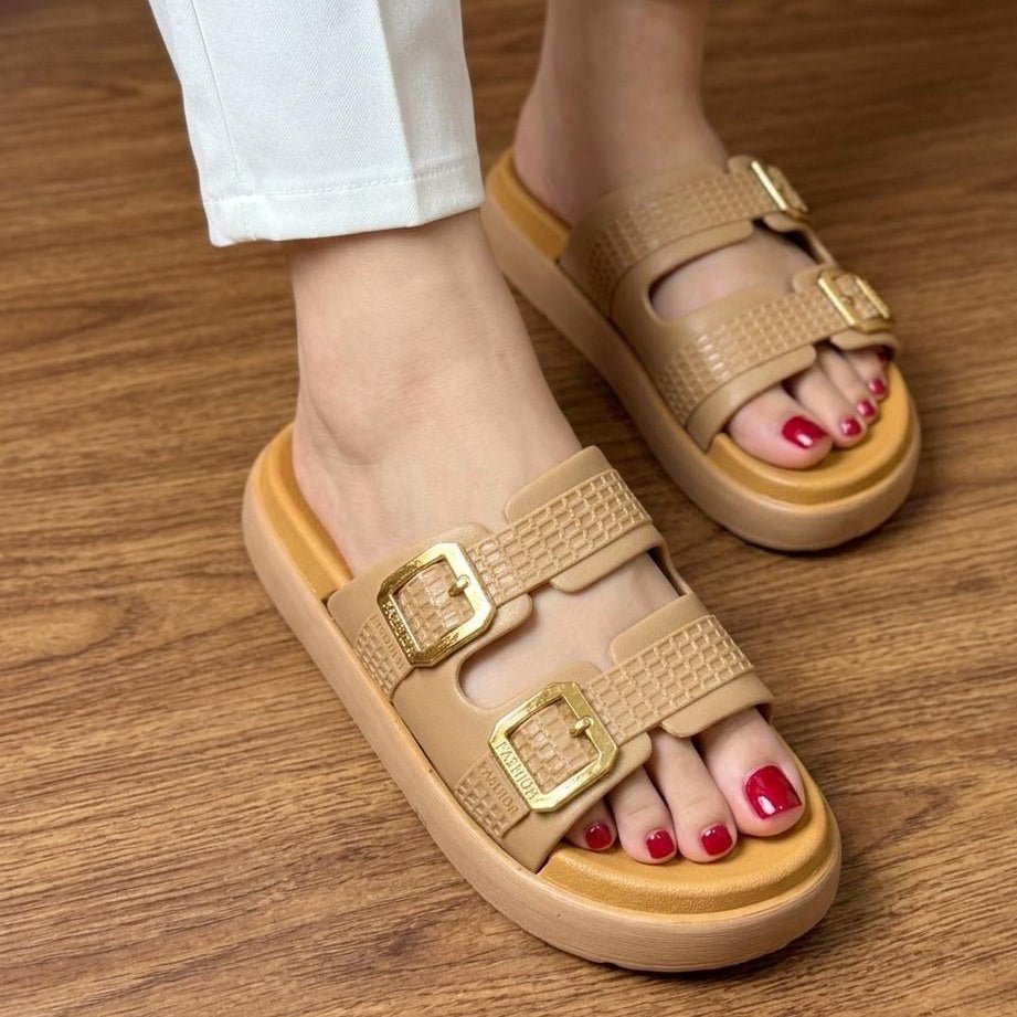 Double Strap Gold Buckle Platform Slippers - Beige - SH Collection