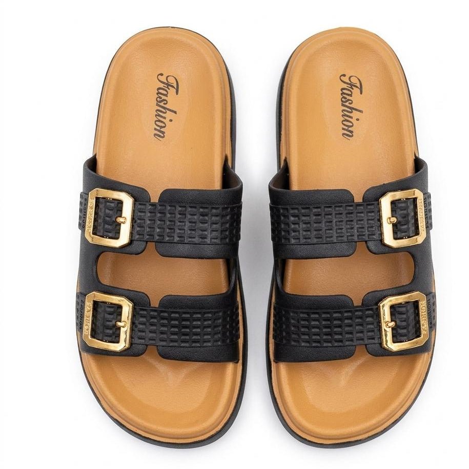 Double Strap Gold Buckle Platform Slippers - Black - SH Collection