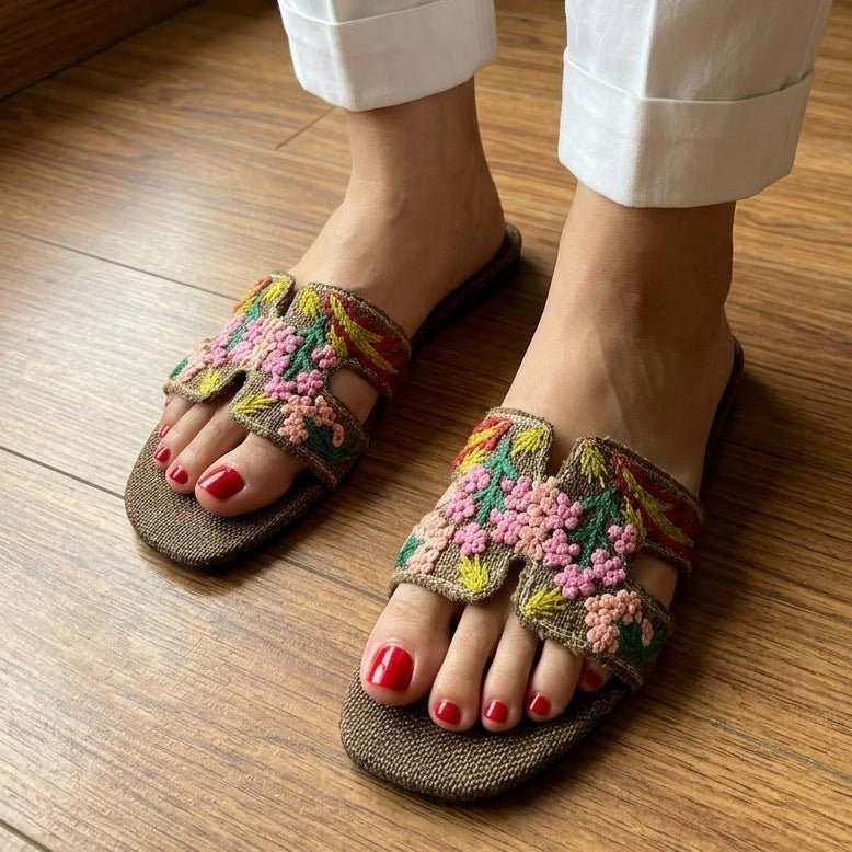 Floral Embroidered H-Strap Flat Sandals - Brown - SH Collection