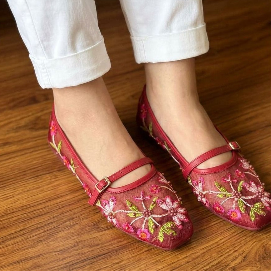 Floral Embroidered Pearl Mesh Ballet Flats - Maroon - SH Collection