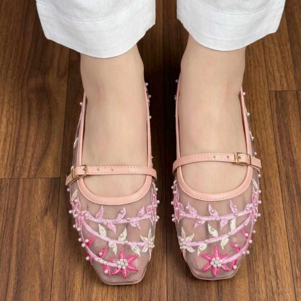 Floral Embroidered Pearl Mesh Ballet Flats - Pink - SH Collection