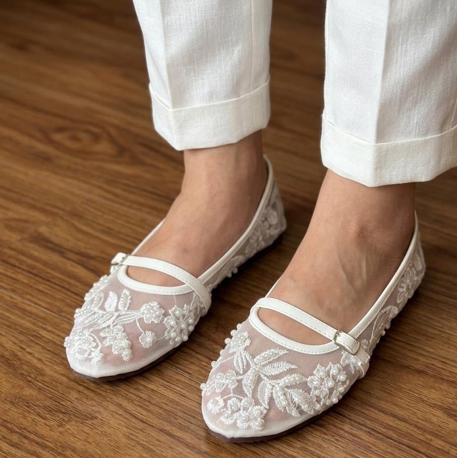 Floral Embroidered Pearl Mesh Ballet Flats with Ankle Strap - SH Collection
