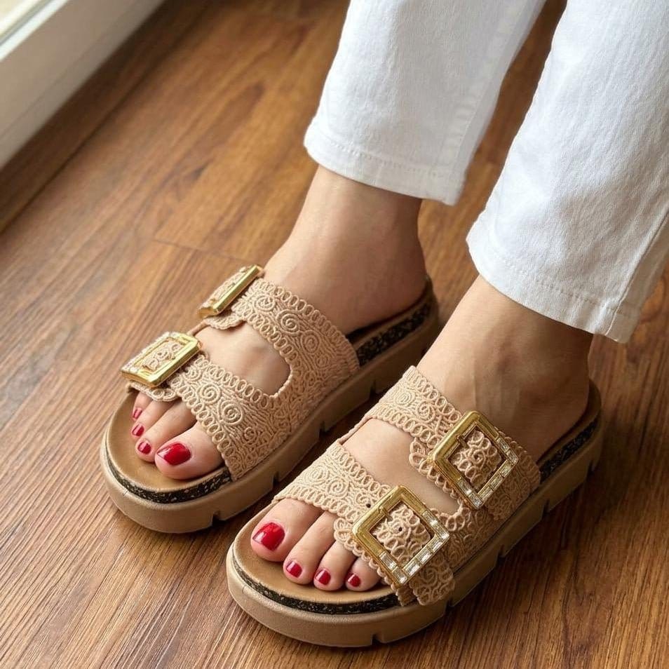 Lace Double Strap Gold Buckle Platform Slippers - Beige - SH Collection