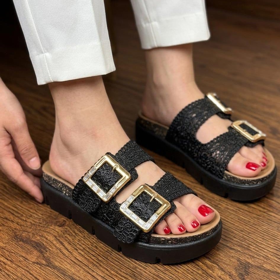 Lace Double Strap Gold Buckle Platform Slippers - Black - SH Collection