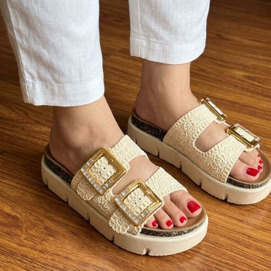 Lace Double Strap Gold Buckle Platform Slippers - Cream - SH Collection