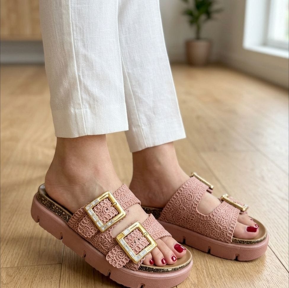 Lace Double Strap Gold Buckle Platform Slippers - Pink - SH Collection