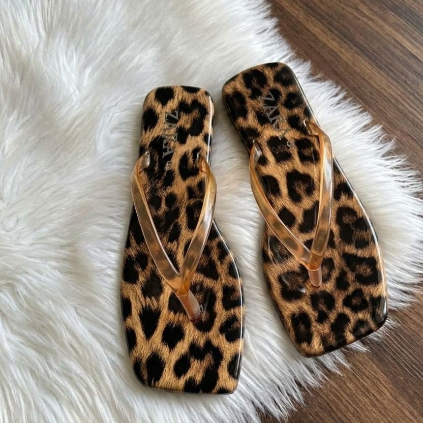Leopard Print Square Toe Flip Flops - Gold Clear Strap - SH Collection