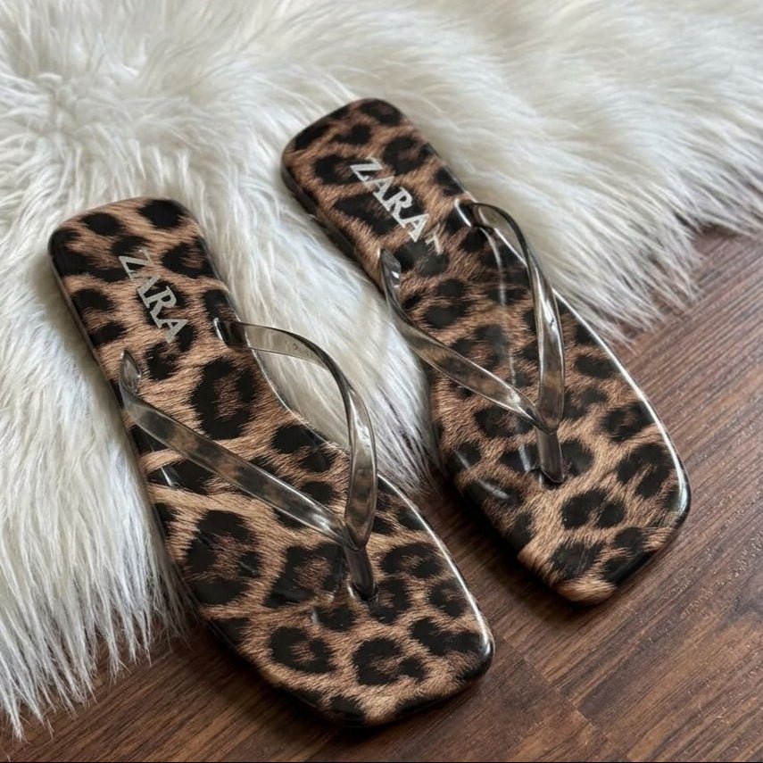Leopard Print Square Toe Flip Flops - Smoke Clear Strap - SH Collection