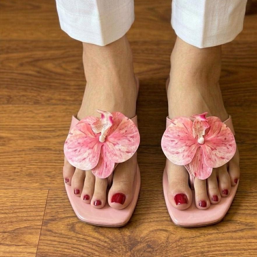 Orchid Flower Square Toe Slide Flats - Pink - SH Collection