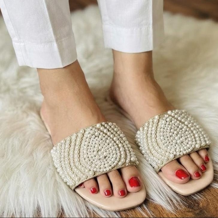 Pearl Swirl Embellished Wide Strap Flat Slides - 3 Colors - SH Collection