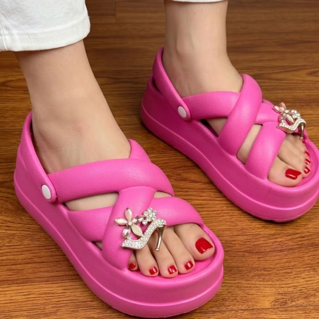 Platform Criss-Cross Rhinestone Charm Slippers - Pink - SH Collection