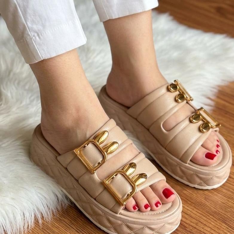 Quilted Double Buckle Platform Slide Slippers - Light Skin - SH Collection