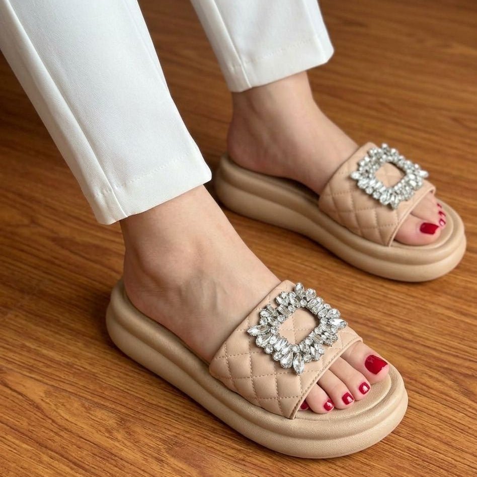 Quilted Platform Crystal Buckle Slippers - Beige - SH Collection