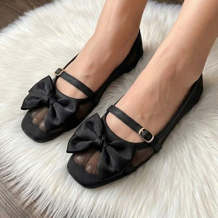 Satin Bow Mesh Ballet Flats with Ankle Strap - Multi Color - SH Collection