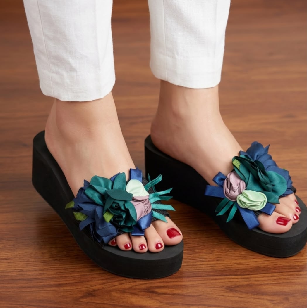 Satin Floral Bouquet Wedge Slippers - Blue Multi - SH Collection