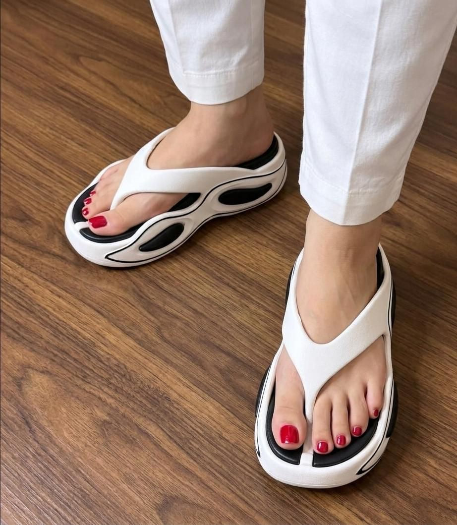 White Black Sporty Platform Thong Slippers SH Collection