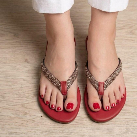 Rhinestone Strap Thong Flip Flops - Red SH Collection