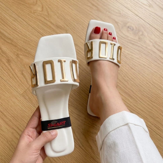Designer Letter Gold Hardware Flat Slides - White SH Collection
