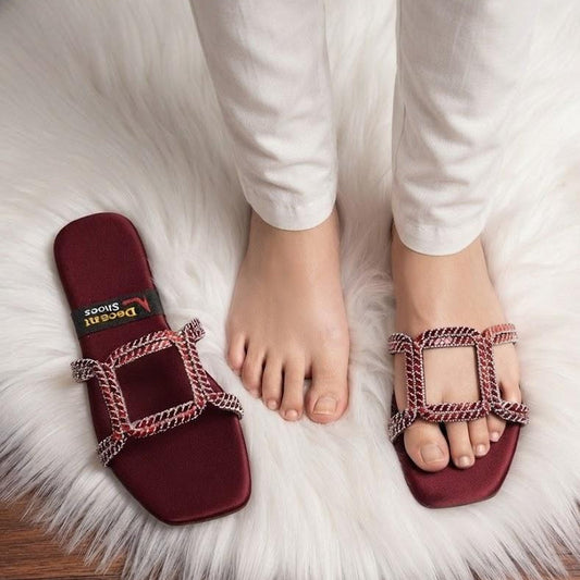 Double Rhinestone Rope Strap Flat Slides - Red SH Collection