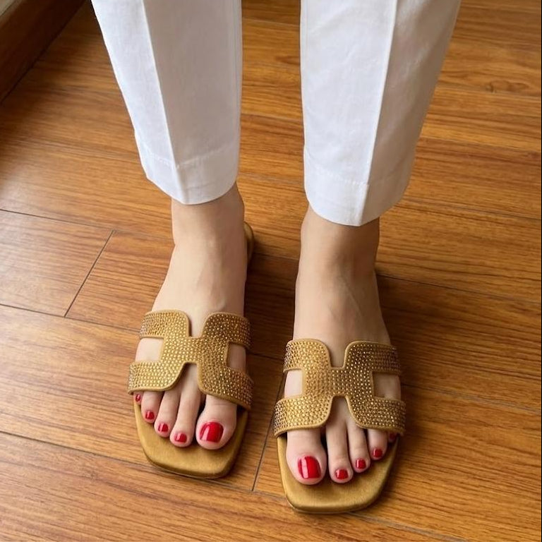Rhinestone H-Strap Flat Sandals - Gold SH Collection