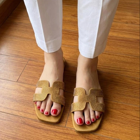 Rhinestone H-Strap Flat Sandals - Gold SH Collection