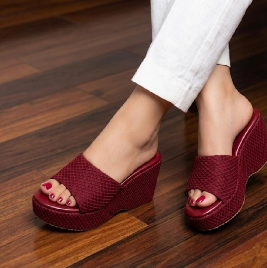 Woven Platform Wedge Mules - Maroon SH Collection