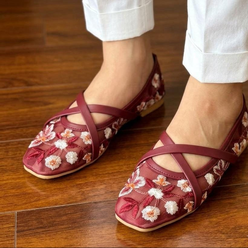 Cross Strap Floral Mesh Flats - Maroon SH Collection