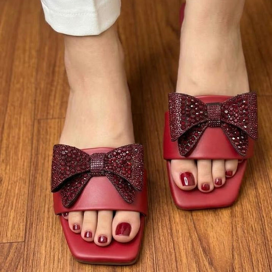 Rhinestone Bow Flat Slippers - Red SH Collection