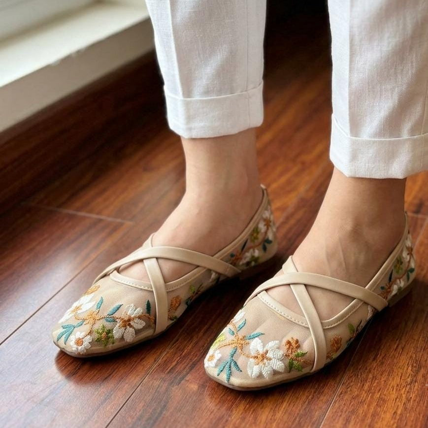 Cross Strap Floral Mesh Flats - Light Skin SH Collection