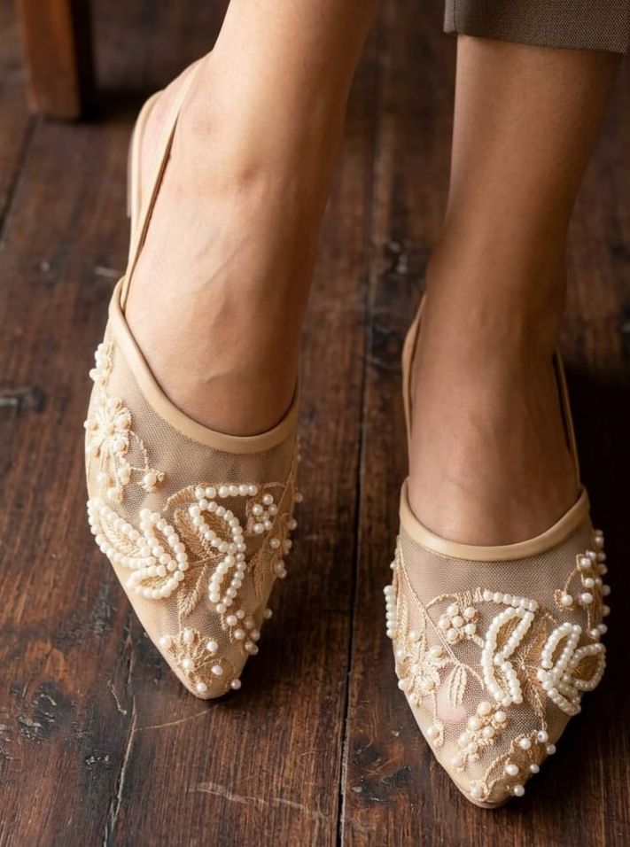 Pearl Embroidered Slingback Flats - Beige SH Collection