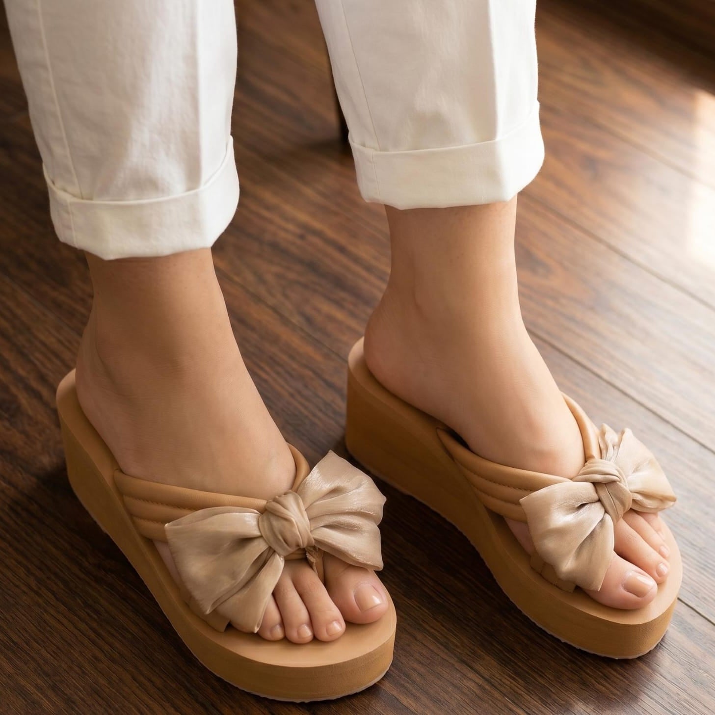 Beige sandals with bow details worn on a wooden floor