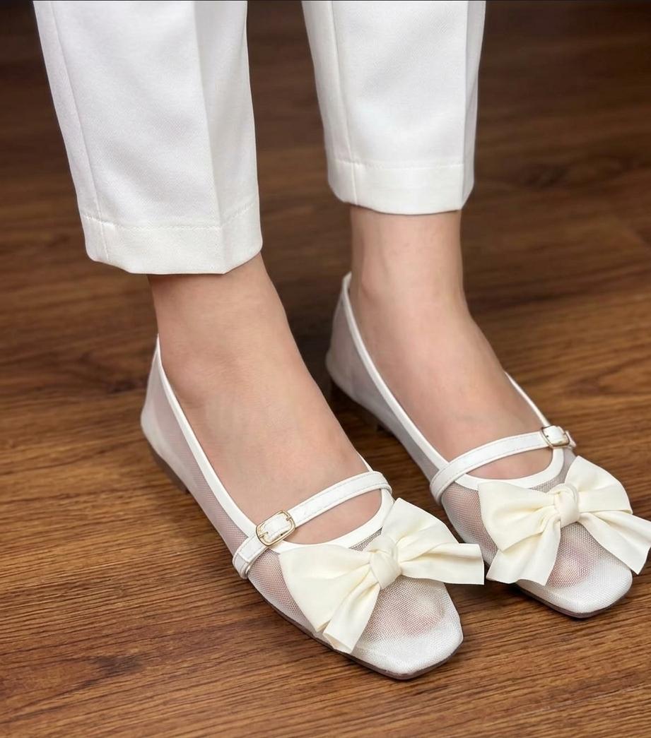 Net Pumps with Mesh Bow and Ankle Strap - White SH Collection