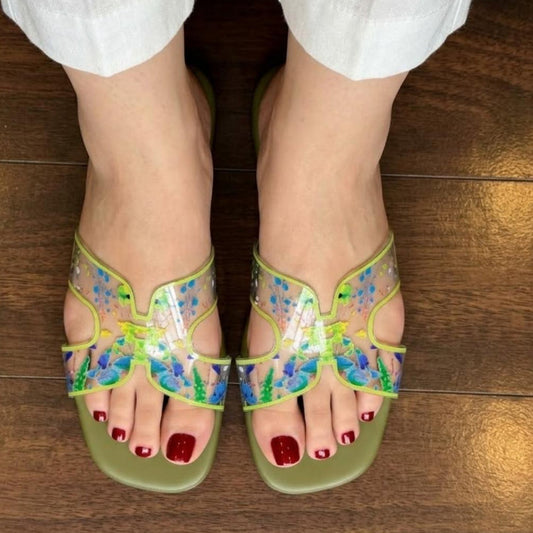Olive Green Butterfly H-Bar Transparent Jelly Slide Slippers SH Collection