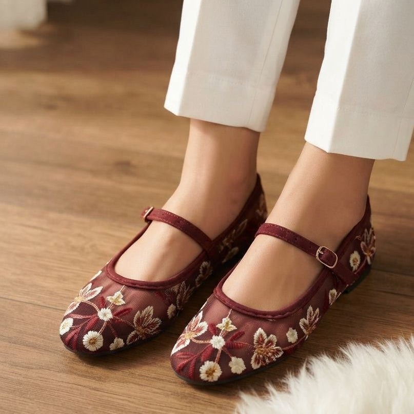 Floral Embroidered Mesh Mary Jane Flats SH Collection