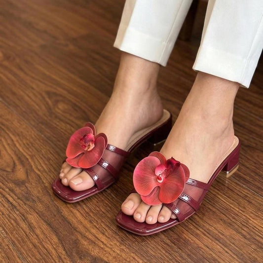 Orchid Flower Patent Mesh Strap Block Heel Mules - Maroon SH Collection