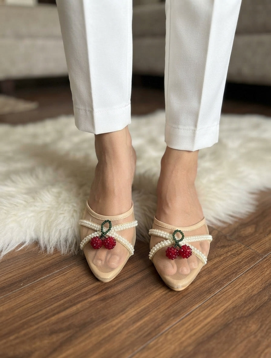 Cherry-Embellished Pointed-Toe Flat Mules SH Collection