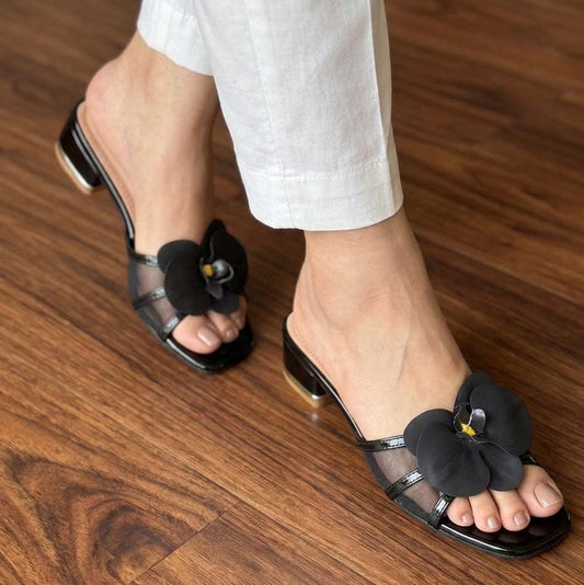 Orchid Flower Patent Mesh Strap Block Heel Mules - Black SH Collection