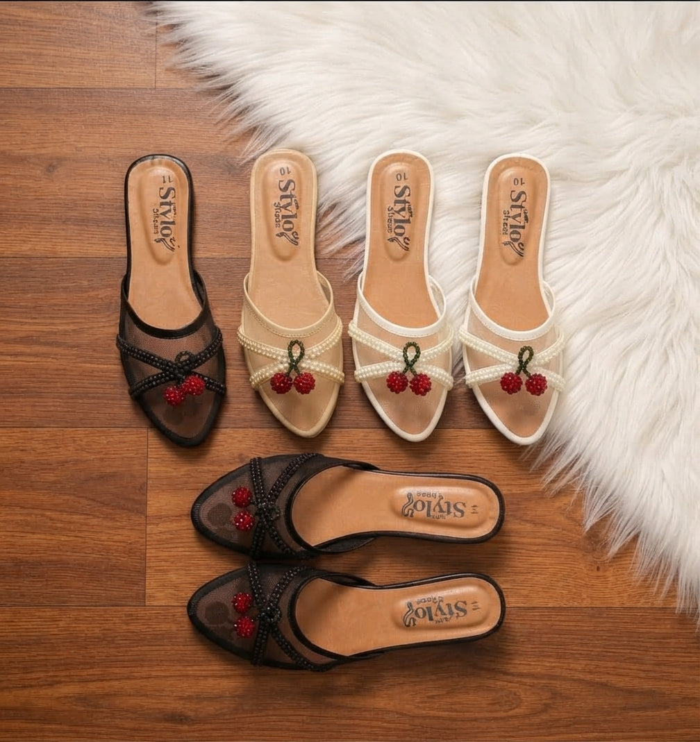 Cherry-Embellished Pointed-Toe Flat Mules SH Collection