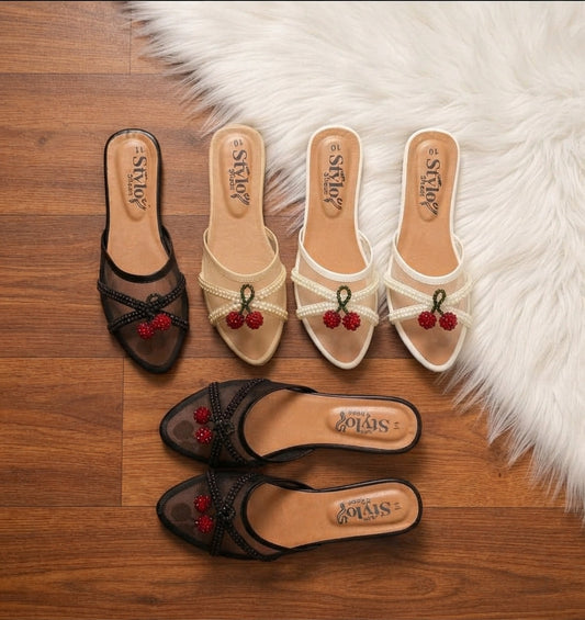 Cherry-Embellished Pointed-Toe Flat Mules SH Collection