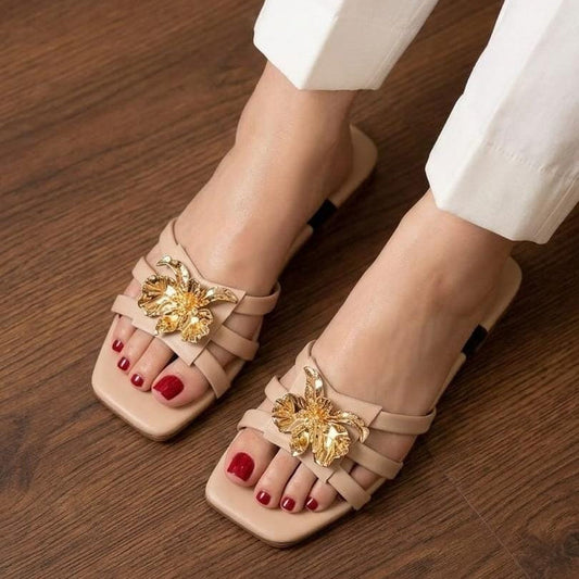 Gold Metal Flower Multi-Strap Flat Slides - Light Skin SH Collection