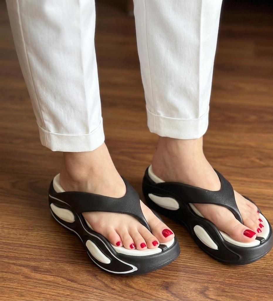 White Black Sporty Platform Thong Slippers SH Collection