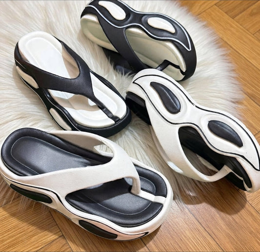 White Black Sporty Platform Thong Slippers SH Collection