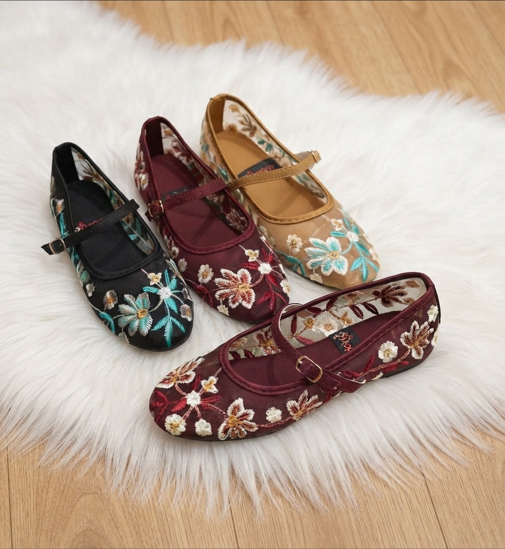 Allure Floral Embroidered Mesh Mary Jane Flats - 3 Colors SH Collection