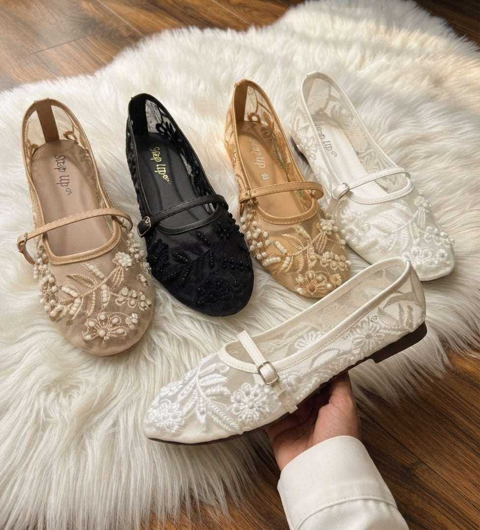 Floral Embroidered Pearl Mesh Ballet Flats with Ankle Strap SH Collection
