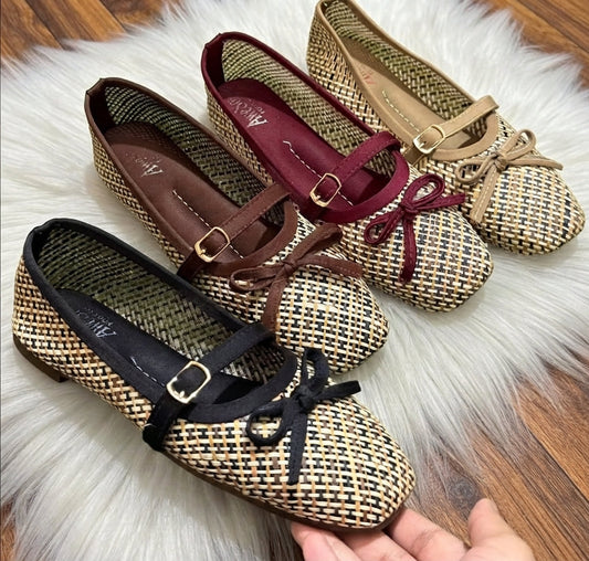 Woven Houndstooth Bow Mary Jane Flats SH Collection