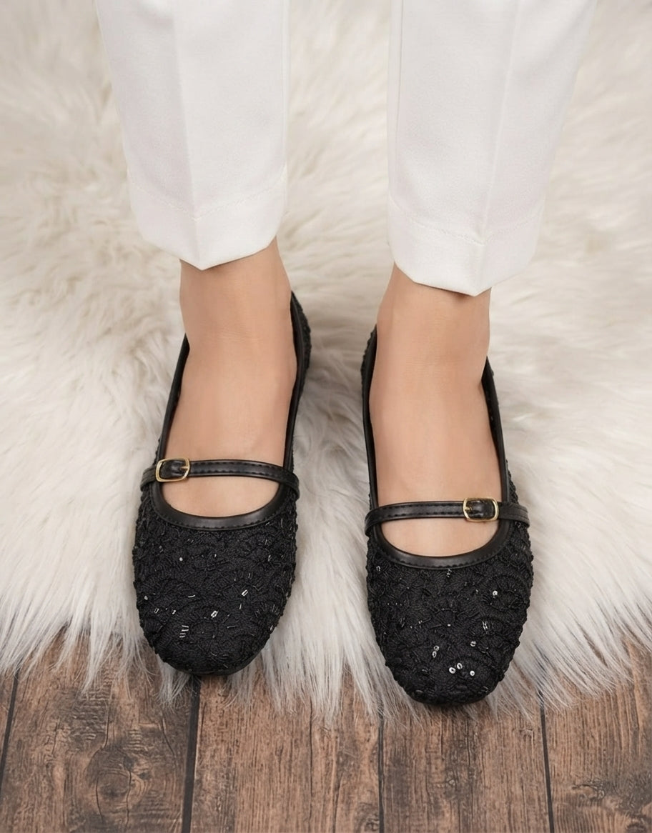 Black Sequin Beaded Mary Jane Pumps SH Collection