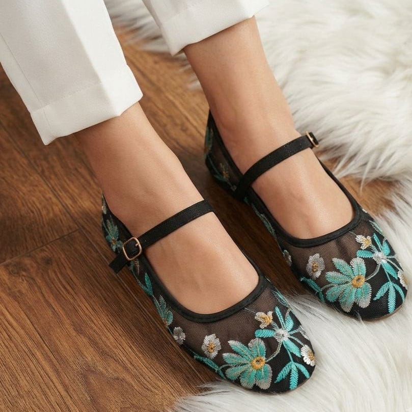 Allure Floral Embroidered Mesh Mary Jane Flats - 3 Colors - SH Collection