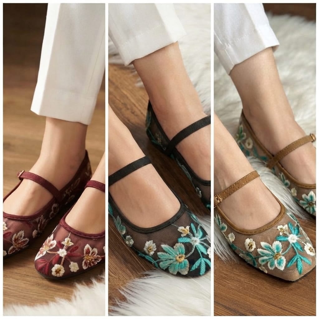 Allure Floral Embroidered Mesh Mary Jane Flats - 3 Colors - SH Collection