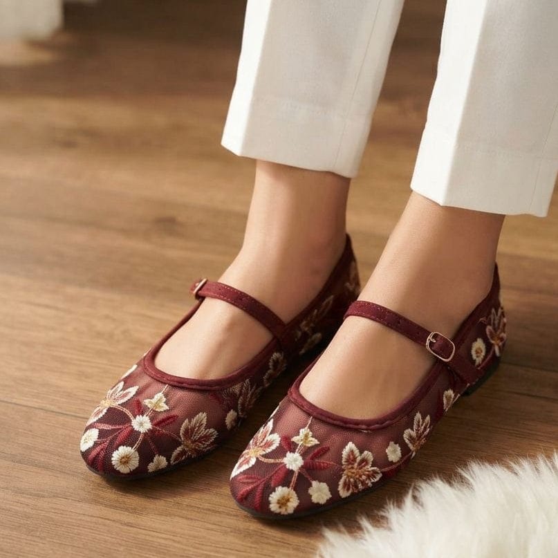 Allure Floral Embroidered Mesh Mary Jane Flats - 3 Colors - SH Collection